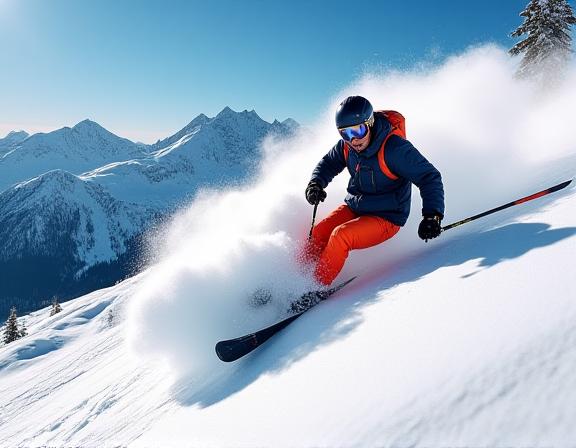 Skier carving fresh powder on Whistler Blackcomb